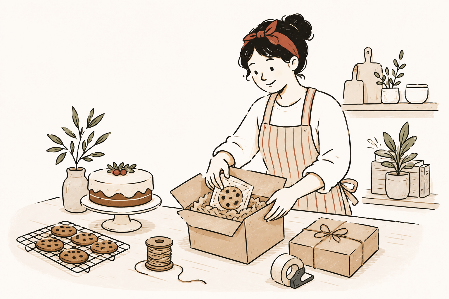 A baker carefully packing boxes of treats for postage, illustrated in a warm hand-drawn style.