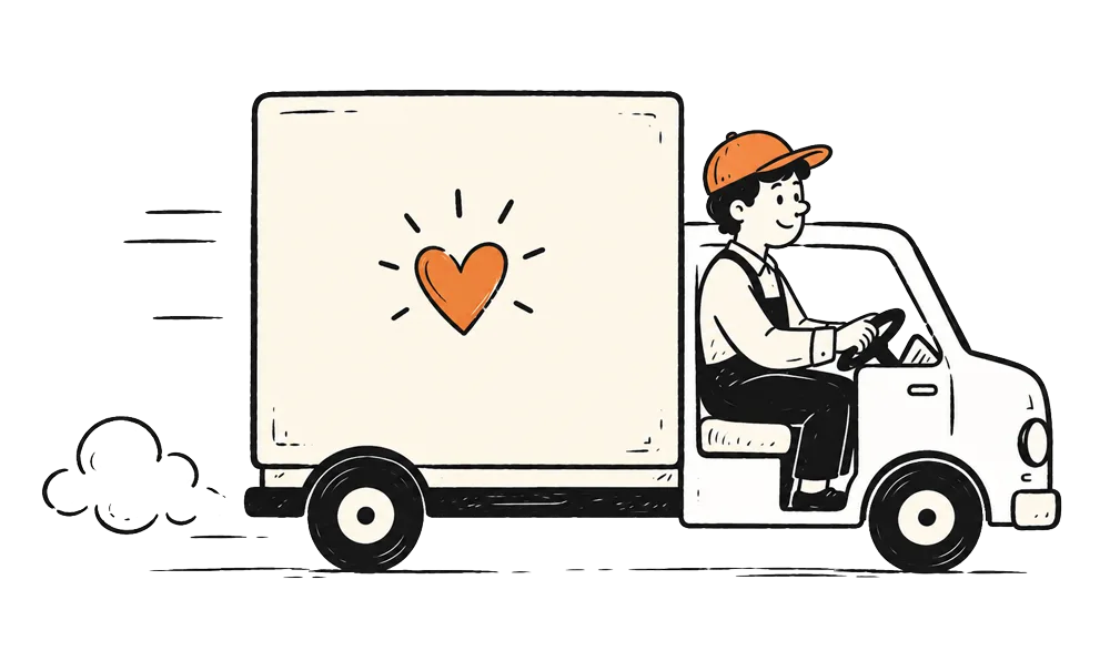 A cheerful Cosy Cookie delivery driver in a van carrying an order, illustrated in a warm hand-drawn style.