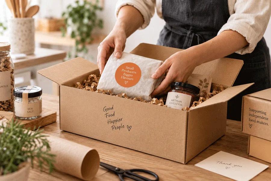 An independent food artisan carefully packing an order for dispatch.